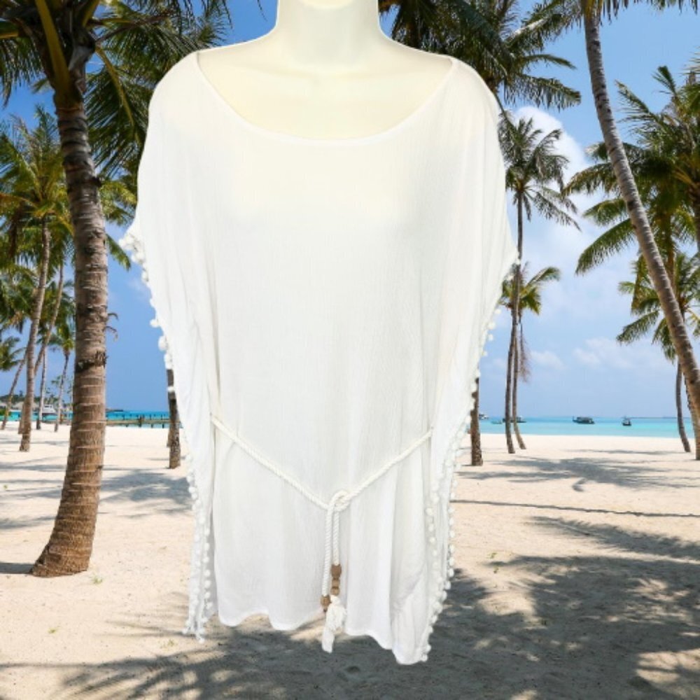 RAVIYA WHITE POM POM WOOD BEAD ROPE TIE SWIM COVER UP TOP - SMALL